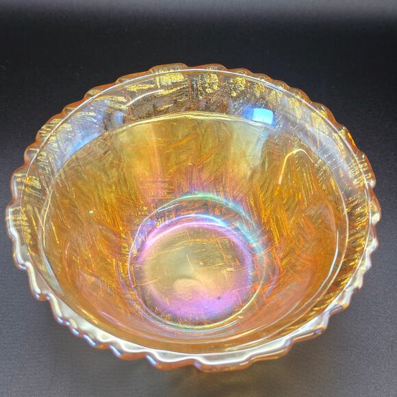 Retro Glass Bowl Marigold Iridescent Basket Weave Pattern Vintage Collectible - Picture 3 of 8